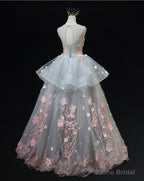 Grey Flowers Round Neckline Tulle with Lace Party Dress, Grey Sweet 16 Dress