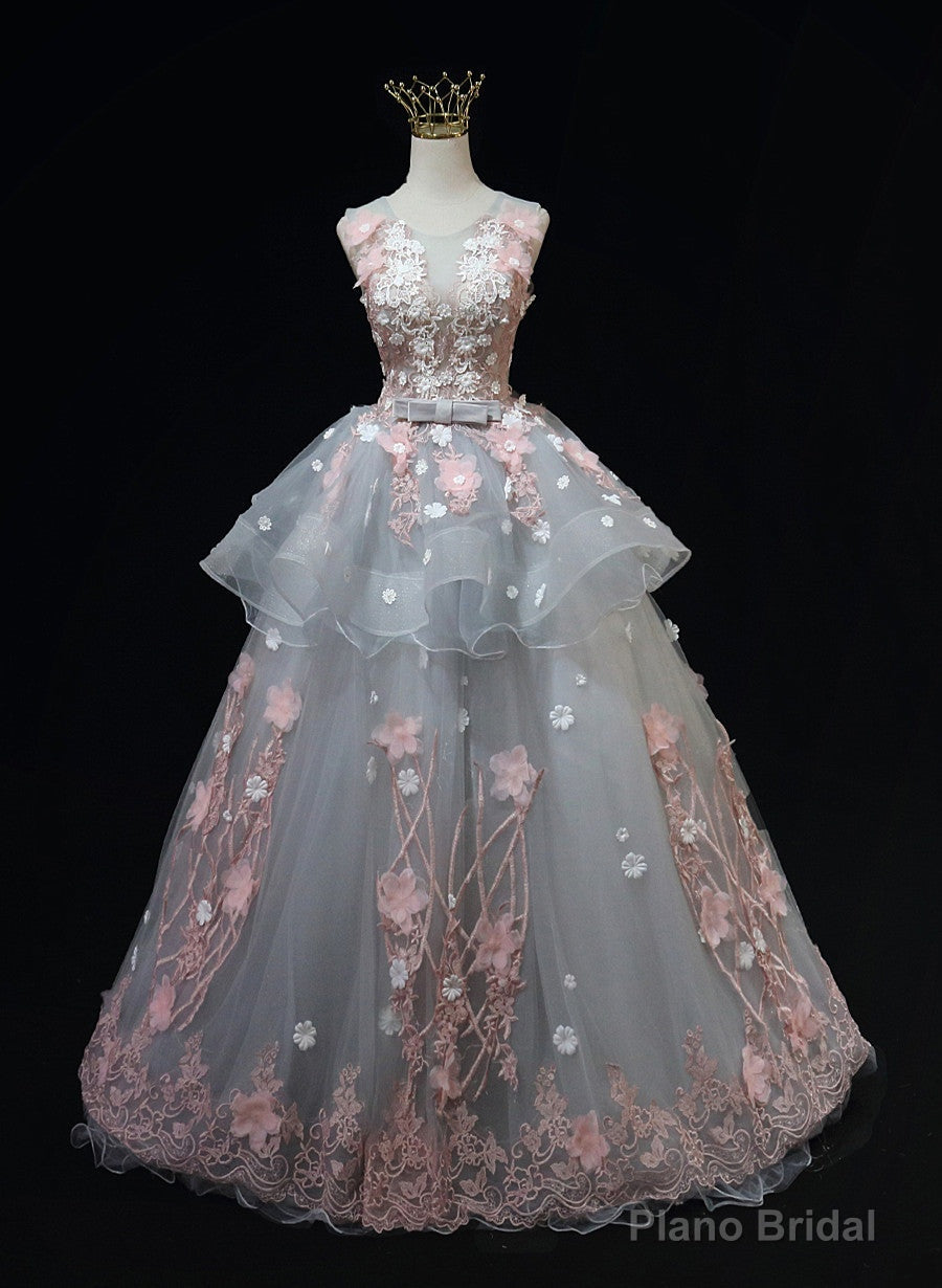 Grey Flowers Round Neckline Tulle with Lace Party Dress, Grey Sweet 16 Dress Main image