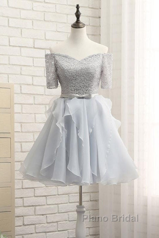 Grey Lace And Organza Homecoming Dresses, Lovely Homecoming Dresses , Short Formal Prom Dresses
