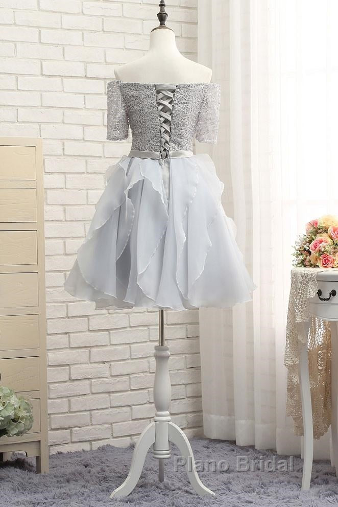 Grey Lace And Organza Homecoming Dresses, Lovely Homecoming Dresses , Short Formal Prom Dresses