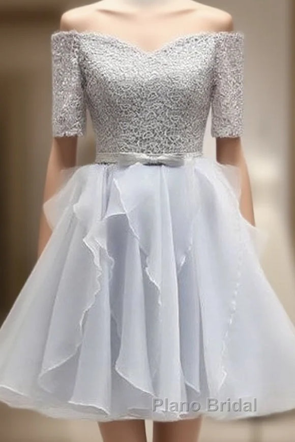 Grey Lace And Organza Homecoming Dresses, Lovely Homecoming Dresses , Short Formal Prom Dresses