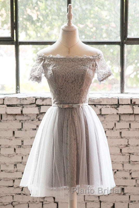 Grey Lace Tulle Short Sleeves Homecoming Dresses Party Dresses, Light Grey Formal Dresses Secondary image