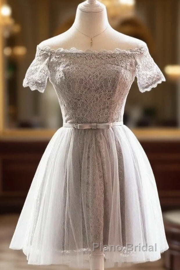 Grey Lace Tulle Short Sleeves Homecoming Dresses Party Dresses, Light Grey Formal Dresses Main image