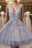 Grey Lace-up Tulle Short Homecoming Dresses with Lace Appliques