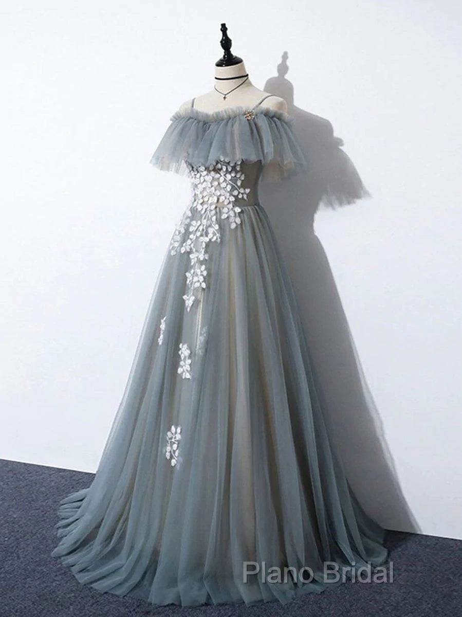 Grey Off Shoulder Straps Tulle With Lace Long Party Dresses, Grey Formal Dresses