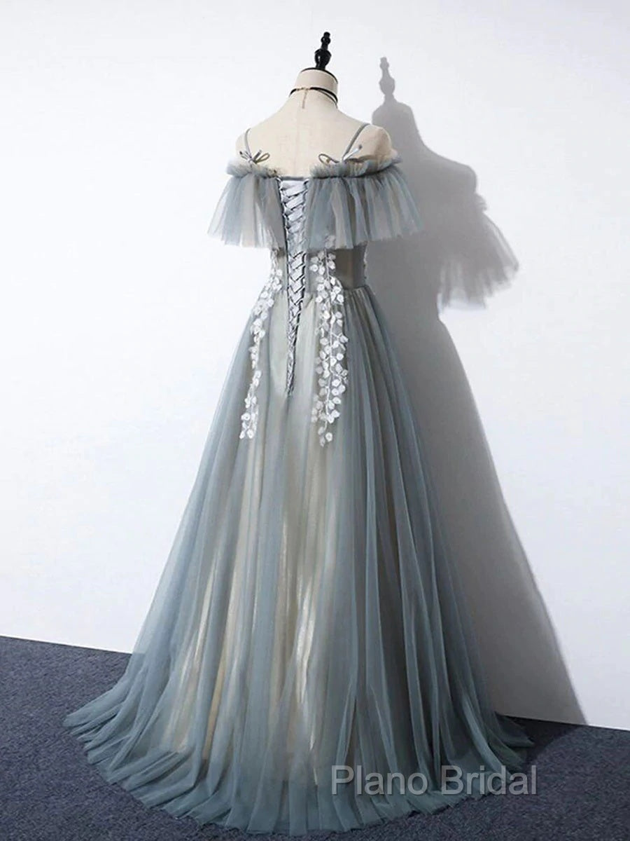Grey Off Shoulder Straps Tulle With Lace Long Party Dresses, Grey Formal Dresses