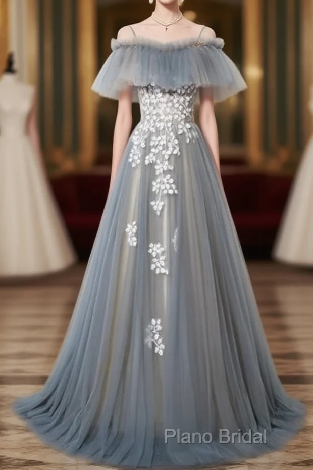 Grey Off Shoulder Straps Tulle With Lace Long Party Dresses, Grey Formal Dresses