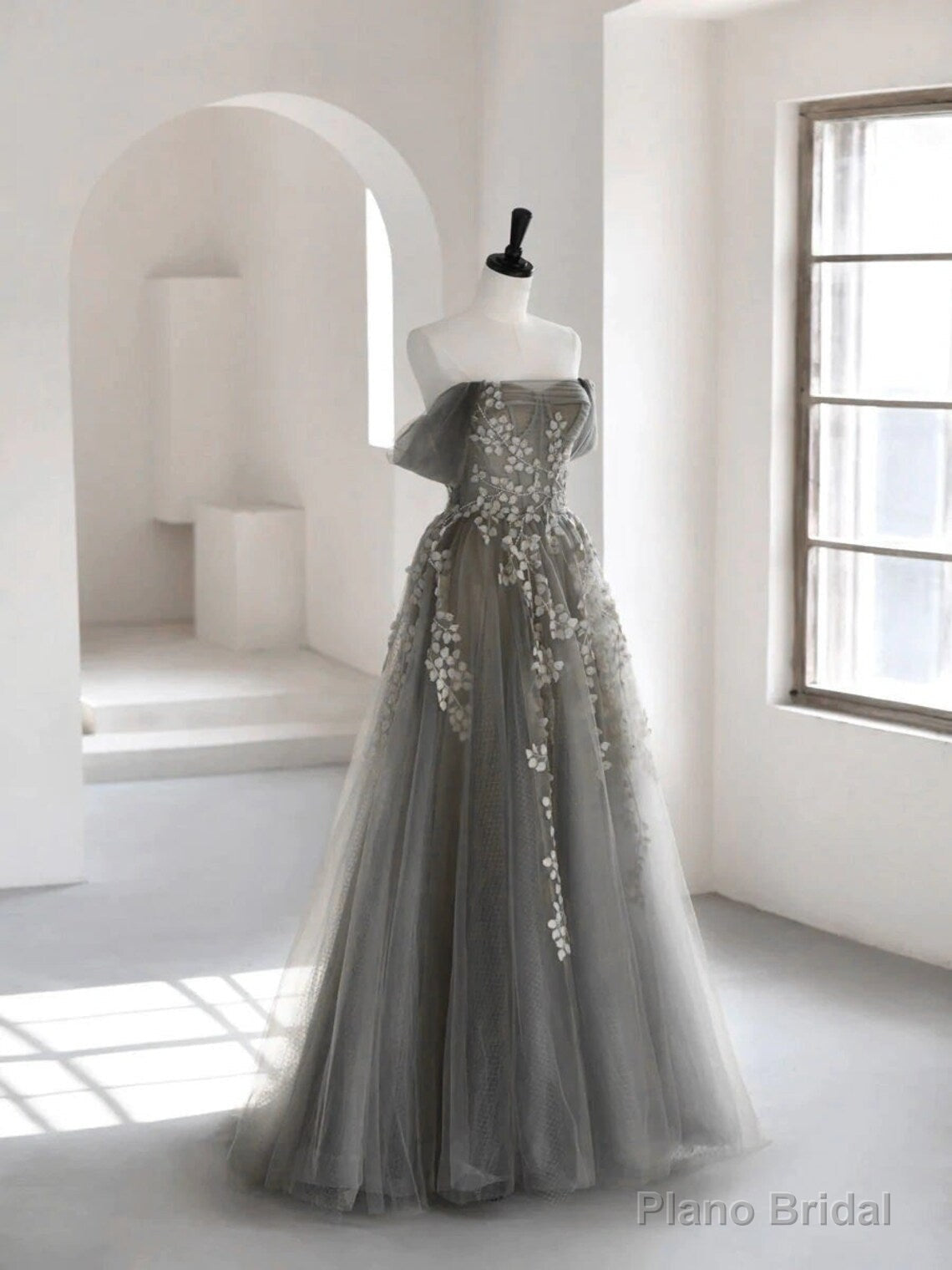 Grey Off Shoulder Tulle with Lace Applique Long Party Dress,Grey Prom Dress Main image