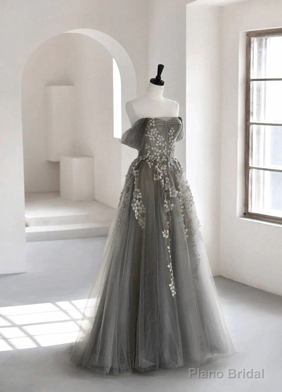 Grey Off Shoulder Tulle with Lace Applique Long Party Dress,Grey Prom Dress Secondary image