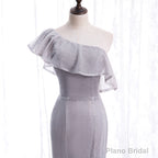 Grey One Shoulder Lace-up Shiny Long Prom Dress Party Dress, Grey Long Evening Dresses