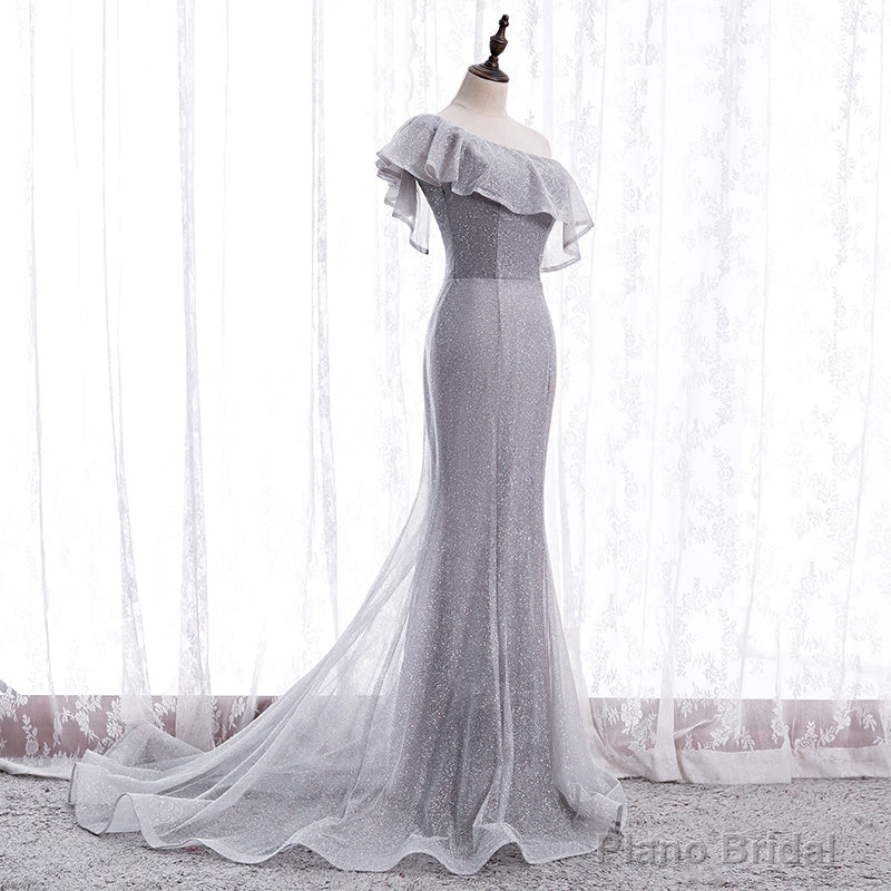 Grey One Shoulder Lace-up Shiny Long Prom Dress Party Dress, Grey Long Evening Dresses Main image