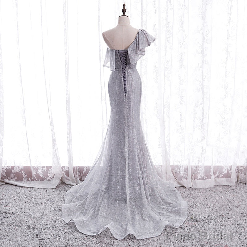 Grey One Shoulder Lace-up Shiny Long Prom Dress Party Dress, Grey Long Evening Dresses
