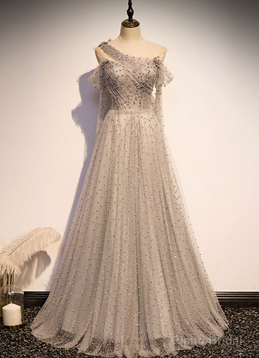Grey One Shoulder Pearls Tulle Long Evening Dress, Light Grey Party Dress Formal Dress Secondary image