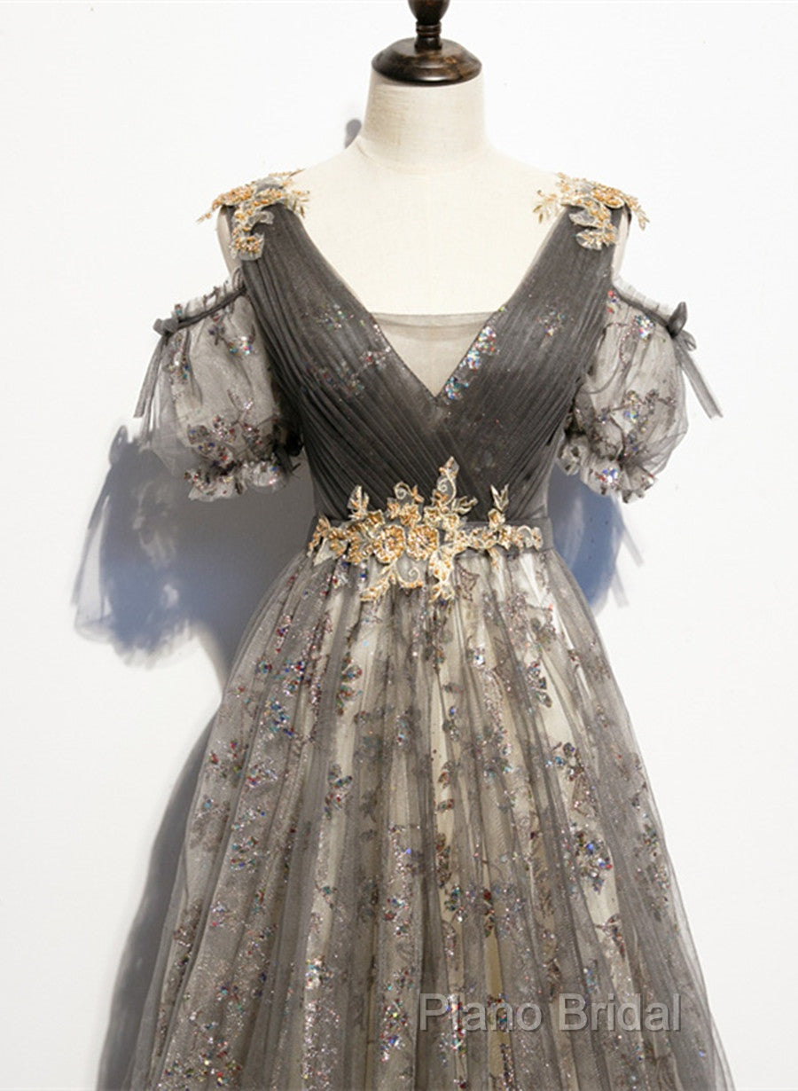 Grey Purple V-Neckline Tulle With Lace Formal Prom Dresses, Off Shoulder A-Line Party Dresses Secondary image