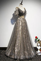 Grey Purple V-Neckline Tulle With Lace Formal Prom Dresses, Off Shoulder A-Line Party Dresses