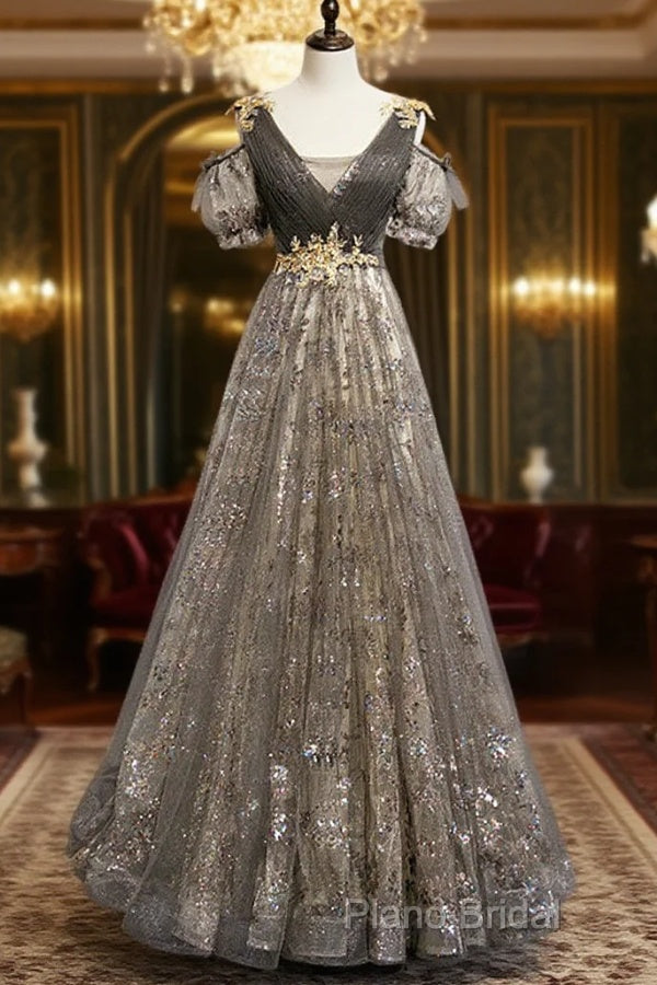 Grey Purple V-Neckline Tulle With Lace Formal Prom Dresses, Off Shoulder A-Line Party Dresses Main image