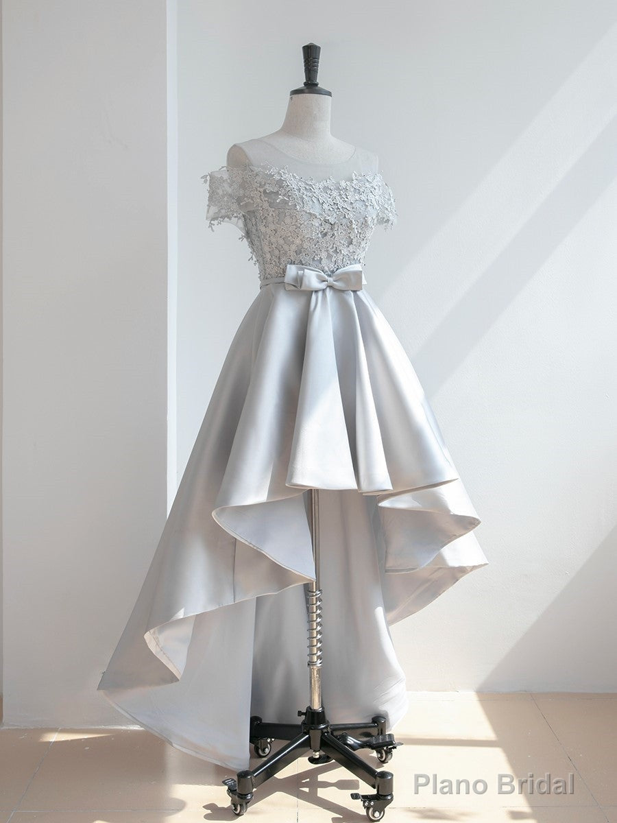 Grey Satin with Lace Off Shoulder High Low Homecoming Dress, Grey Prom Dress Main image