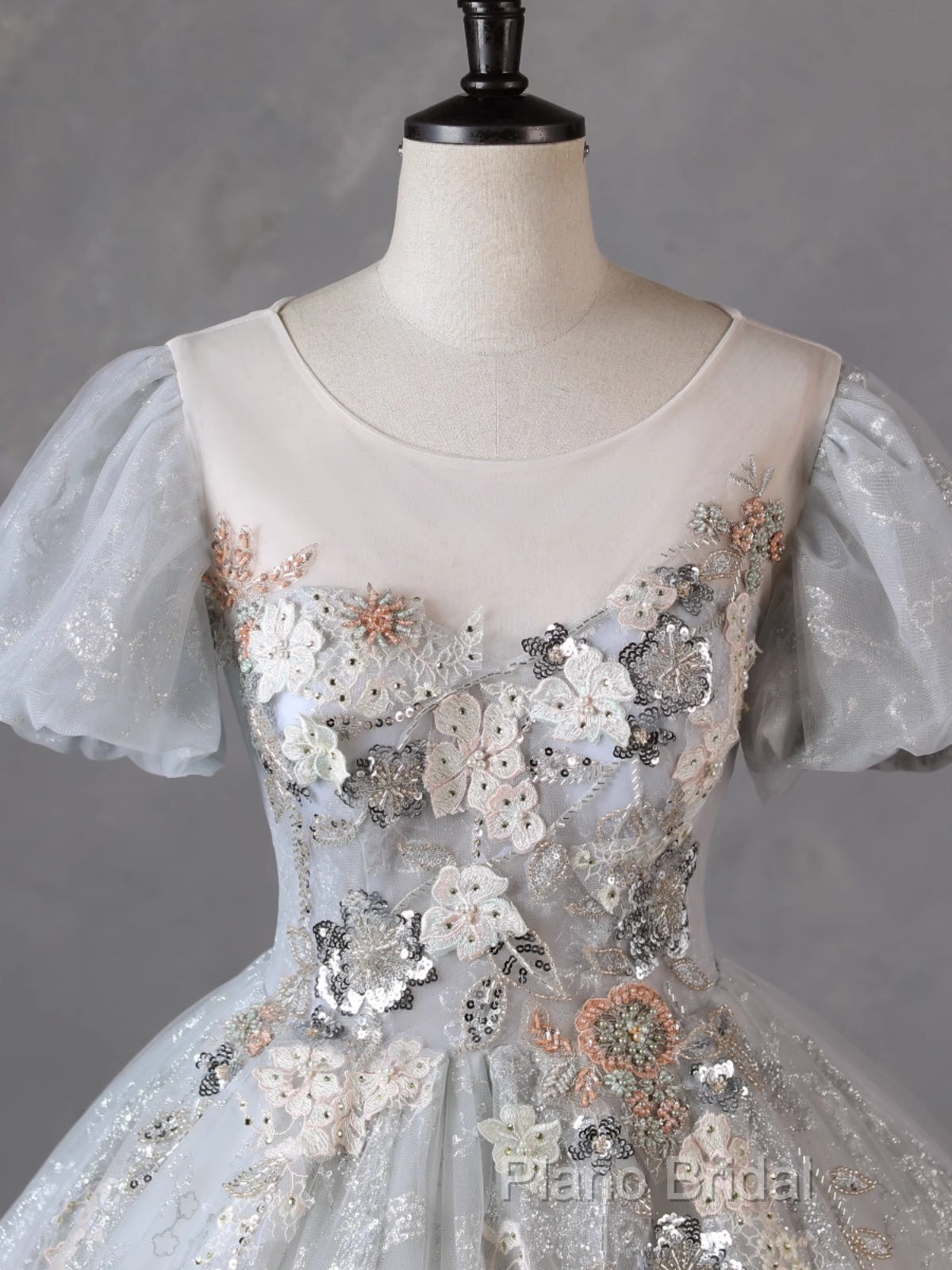 Grey Short Sleeves Tulle Ball Gown Formal Prom Dresses, Grey Ball Gown Sweet 16 Dresses Secondary image