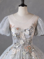 Grey Short Sleeves Tulle Ball Gown Formal Prom Dresses, Grey Ball Gown Sweet 16 Dresses