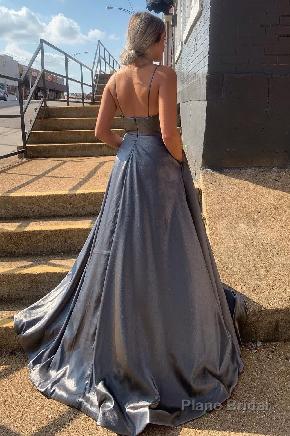 Grey Spaghetti Straps Backless Long Prom Dress with Pockets Secondary image