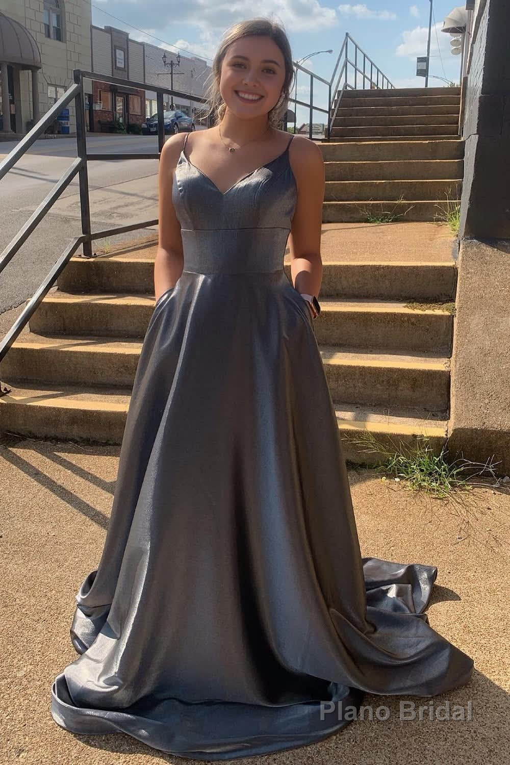 Grey Spaghetti Straps Backless Long Prom Dress with Pockets Main image