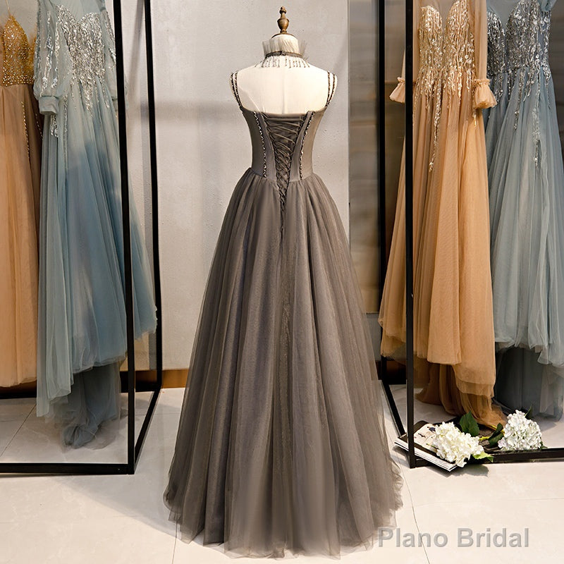 Grey Sweetheart Beaded Straps Long Tulle Prom Dress, Grey A-line Formal Dress Evening Dress