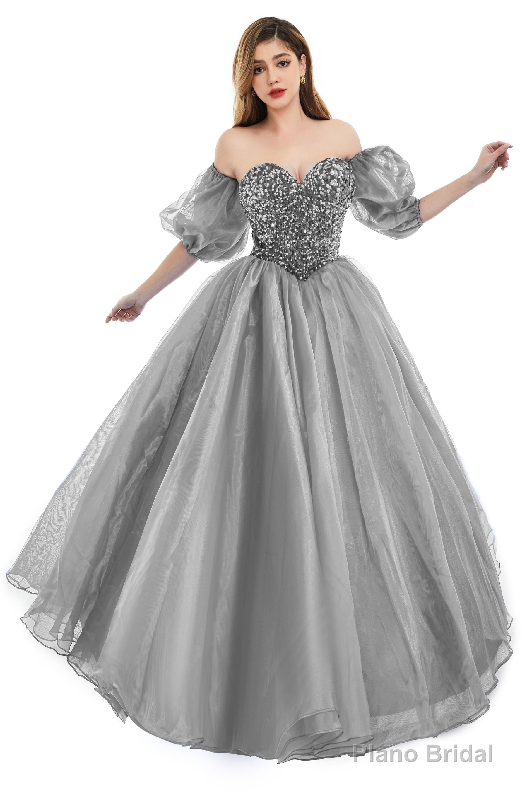 Grey Tulle Sequins Sweetheart Prom Dresses Spaghetti Straps Evening Quinceanera Dresses Main image