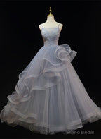 Grey Tulle Straps Layers Long Prom Dress Party Dress, Grey Ball Gown Formal Dress