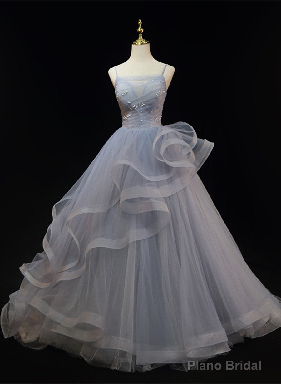 Grey Tulle Straps Layers Long Prom Dress Party Dress, Grey Ball Gown Formal Dress