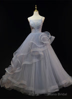 Grey Tulle Straps Layers Long Prom Dress Party Dress, Grey Ball Gown Formal Dress