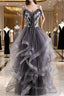 Grey Tulle Sweetheart Long Party Dresses With Lace Applique, Grey Long Formal Prom Dresses