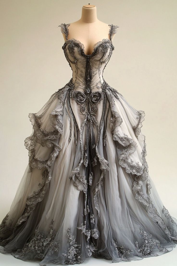 Grey V-Neck Lace Tulle Long Ball Gown, Vintage Formal Dresses Main image