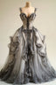 Grey V-Neck Lace Tulle Long Ball Gown, Vintage Formal Dresses