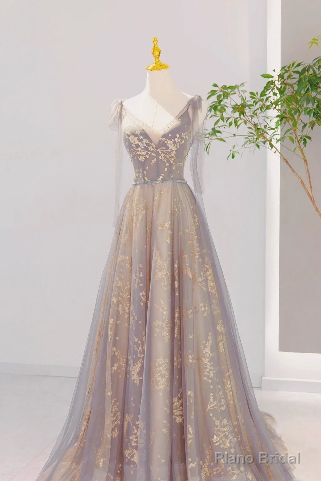 Grey V-Neck Sequins Long Formal Dress, Grey Tulle Prom Dress Secondary image