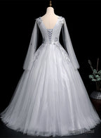 Grey V-neckline Ball Gown with Lace and Flowers Party Dress, Grey Sweet 16 Dress