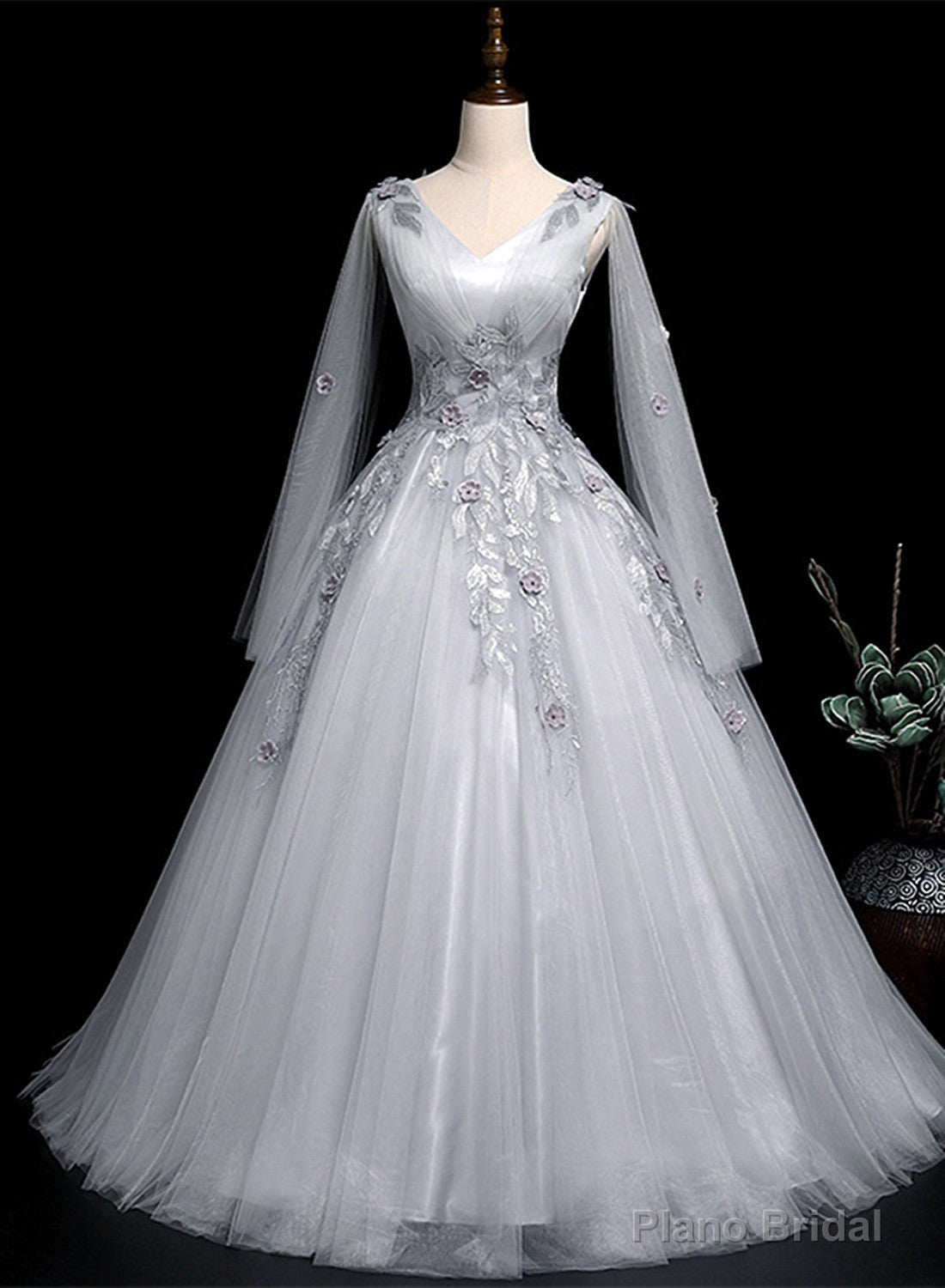 Grey V-neckline Ball Gown with Lace and Flowers Party Dress, Grey Sweet 16 Dress Secondary image
