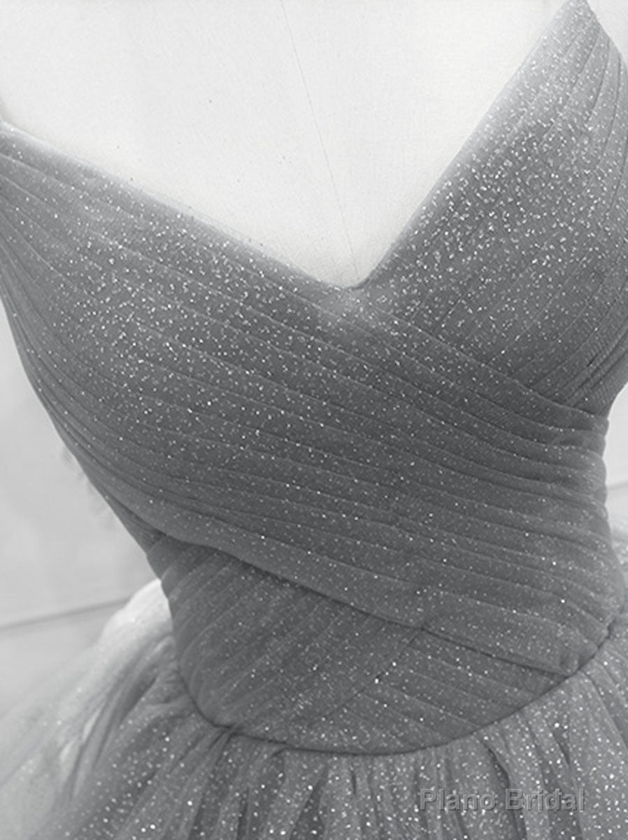 Grey V-neckline Tulle Long Formal Dress, Grey Sweetheart 16 Dress