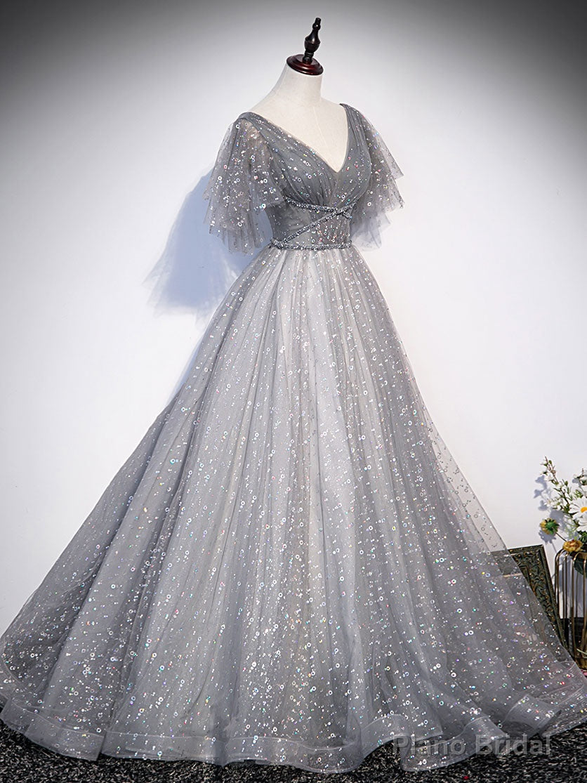 Grey V-neckline Tulle Low Back Long Prom Dress, Grey Formal Dress Party Dress Main image