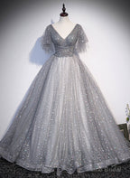 Grey V-neckline Tulle Low Back Long Prom Dress, Grey Formal Dress Party Dress