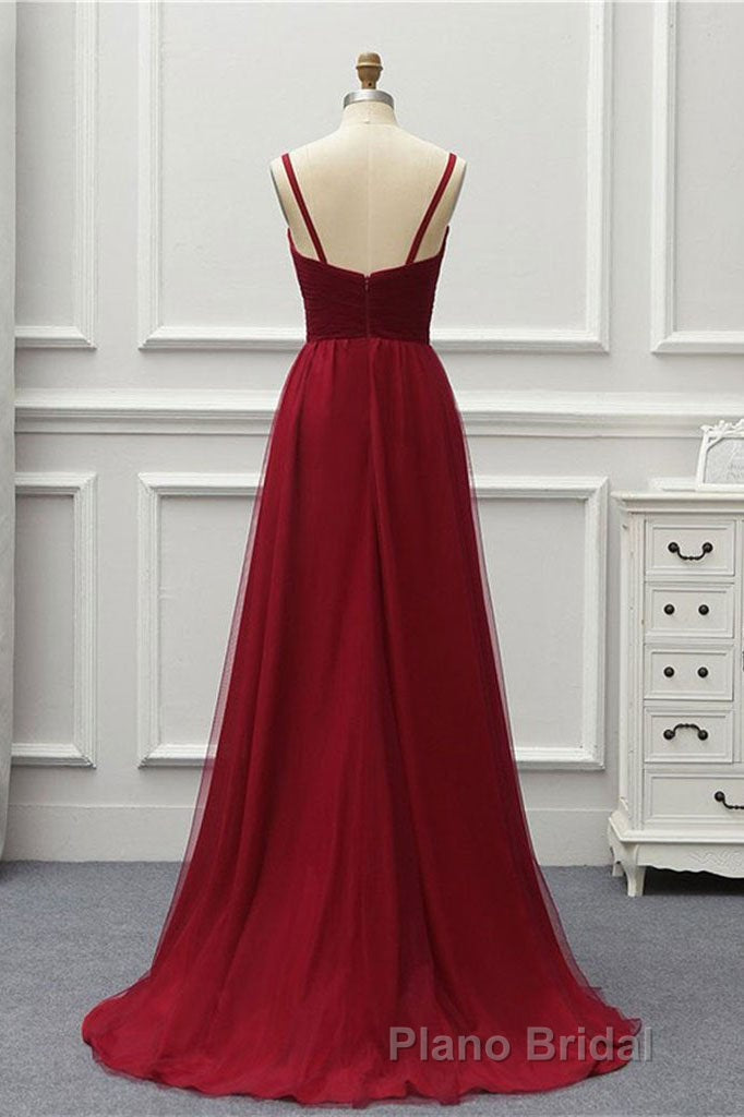A Line High Low Tulle Formal Prom Dresses with Train, Burgundy V Neck Backless Prom Dresses Secondary image