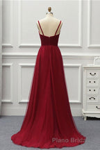 A Line High Low Tulle Formal Prom Dresses with Train, Burgundy V Neck Backless Prom Dresses