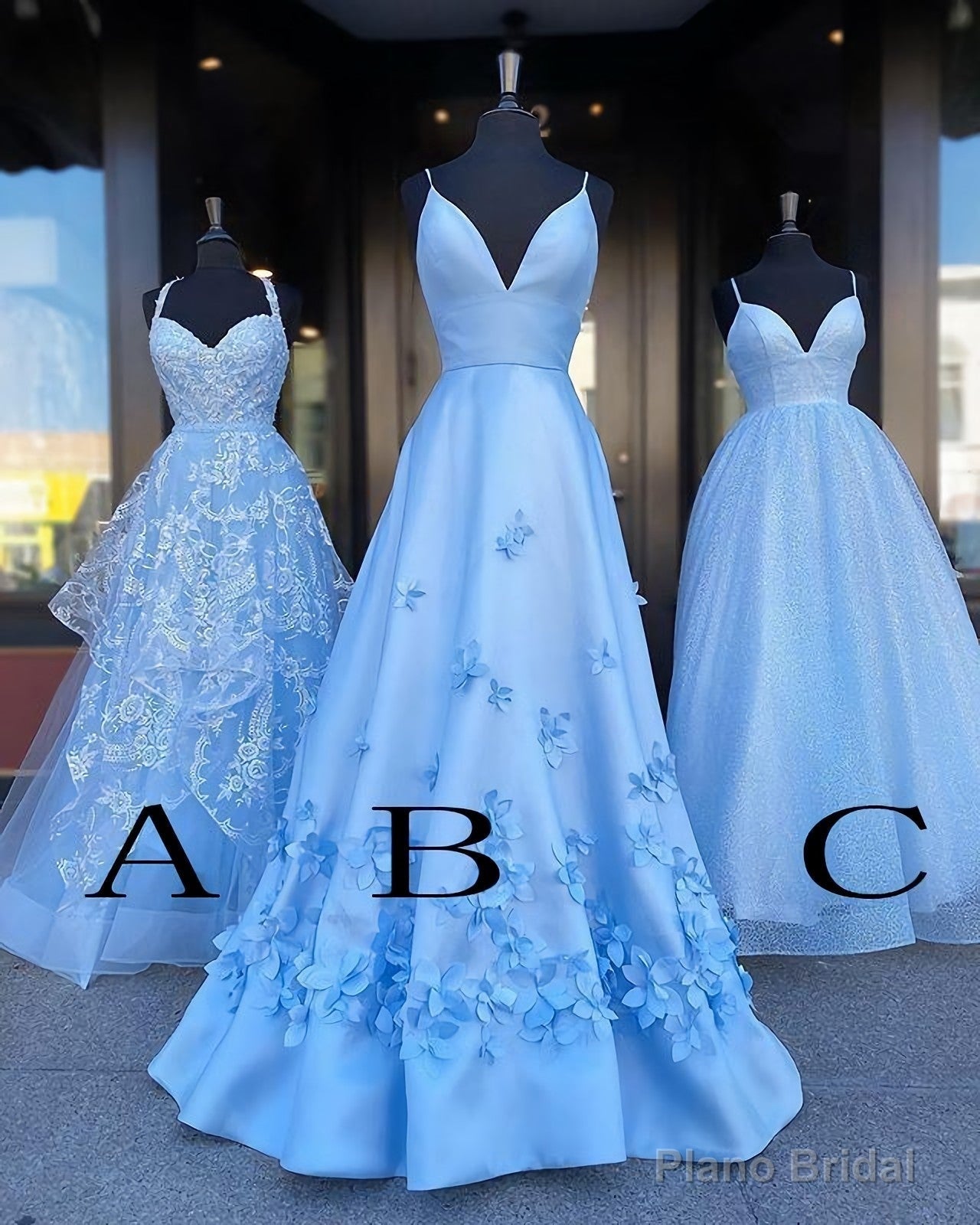 Charming Blue Spaghetti Straps V Neck Flowers Long Prom Dresses, Satin Unique Formal Dresses Secondary image