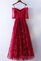 Half Sleeves Burgundy Lace Formal Prom Dresses, Wine Red Half Sleeves Long Lace Formal Evening Dresses