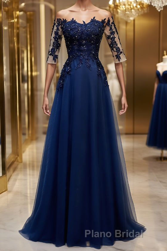 Half Sleeves Navy Blue Long Lace Formal Prom Dresses, Dark Navy Blue Long Lace Formal Bridesmaid Dresses Main image