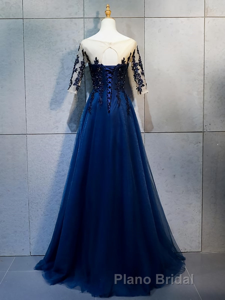 Half Sleeves Navy Blue Long Lace Formal Prom Dresses, Dark Navy Blue Long Lace Formal Bridesmaid Dresses Secondary image
