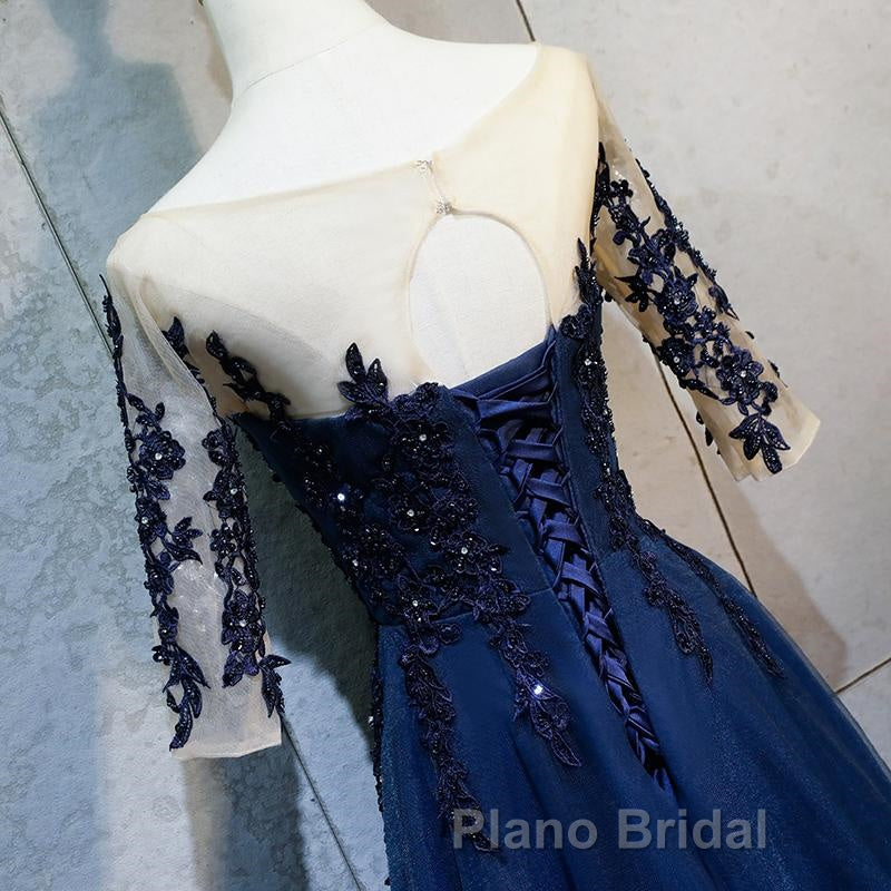 Half Sleeves Navy Blue Long Lace Formal Prom Dresses, Dark Navy Blue Long Lace Formal Bridesmaid Dresses
