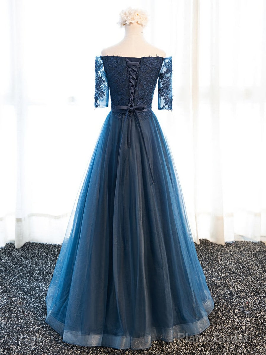 Half Sleeves Navy Blue Long Lace Prom Dresses, Navy Blue Lace Formal Bridesmaid Dresses Main image