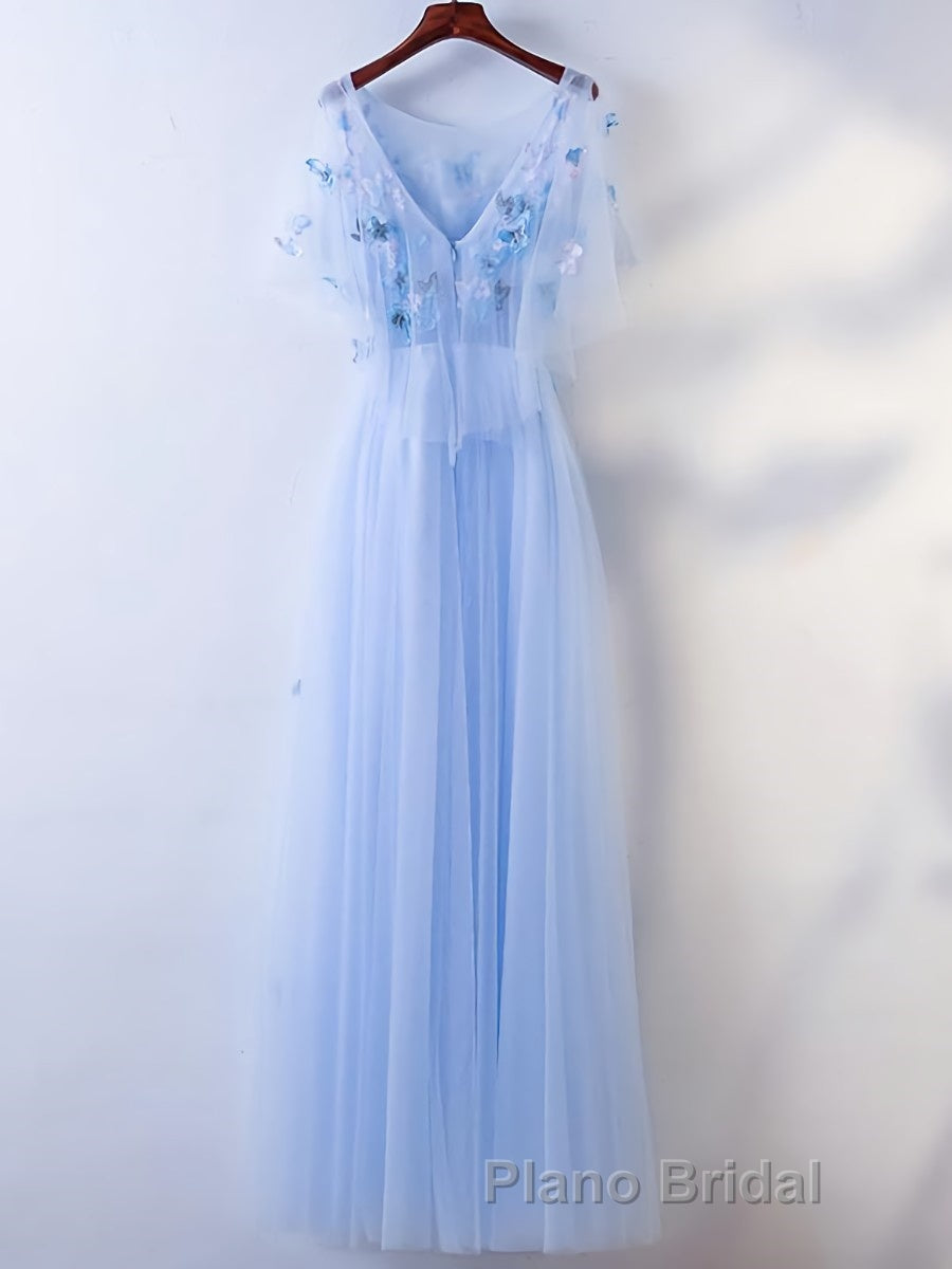 Half Sleeves Round Neck Blue Floral Long Formal Prom Dresses, Blue Long Formal Evening Dresses with Flower Secondary image