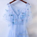 Half Sleeves Round Neck Blue Floral Long Formal Prom Dresses, Blue Long Formal Evening Dresses with Flower