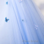 Half Sleeves Round Neck Blue Floral Long Formal Prom Dresses, Blue Long Formal Evening Dresses with Flower